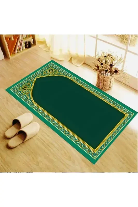 Digitally Printed Green Background Gold Framed Velvet Washable Non-Slip Base Prayer Rug Carpet - Green - 2