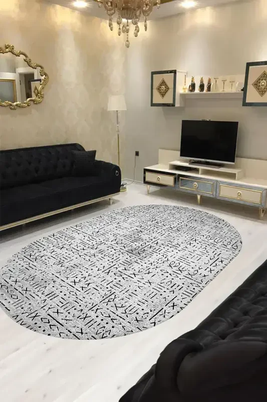 Digitally Printed Machine Washable Oval Living Room Carpet Kitchen Carpet Runner Rug - ESTA1809-2-Oval - ESTA HALI