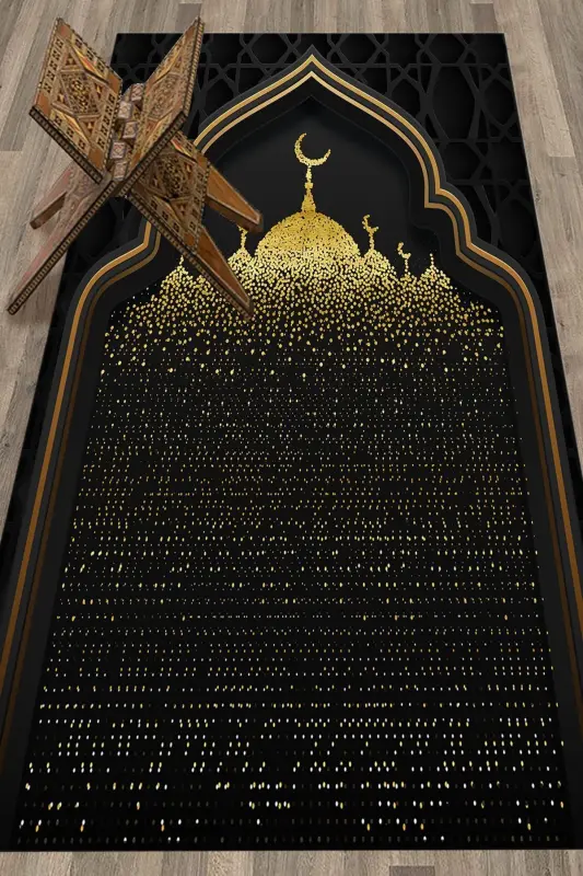Digitally Printed Mosque Motif Washable Motif 70x130 Prayer Rug-BLACK - 5