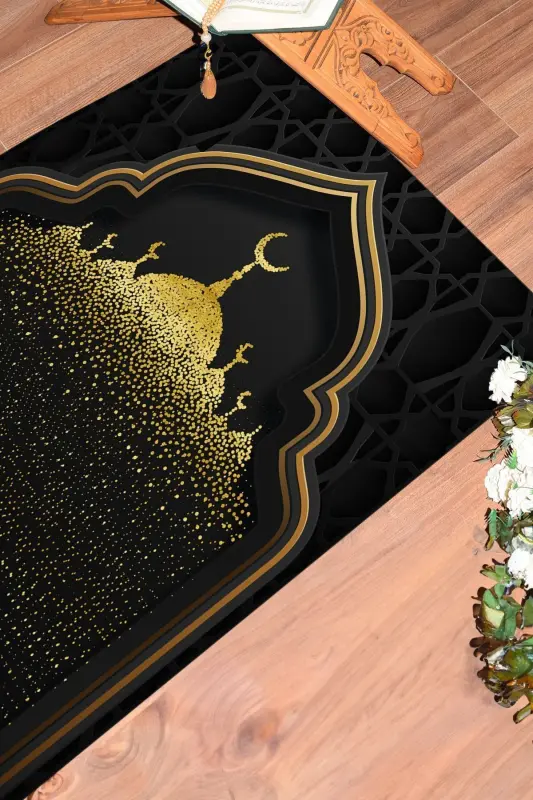 Digitally Printed Mosque Motif Washable Motif 70x130 Prayer Rug-BLACK - 6