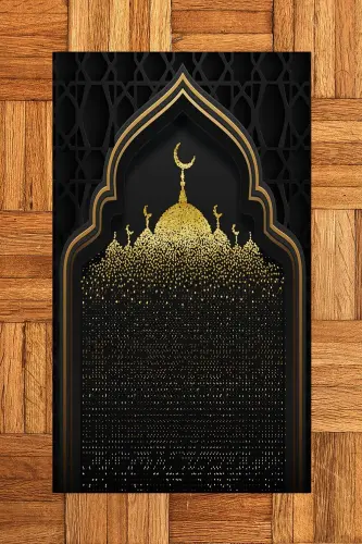 Digitally Printed Mosque Motif Washable Motif 70x130 Prayer Rug-BLACK - 8