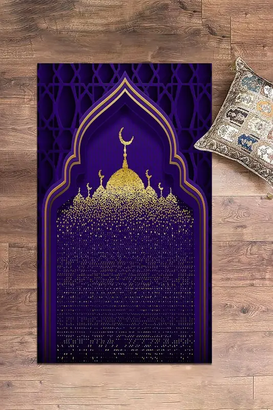 Digitally Printed Mosque Motif Washable Motif 70x130 Prayer Rug, Prayer Rug-5-purple,-PURPLE - 3