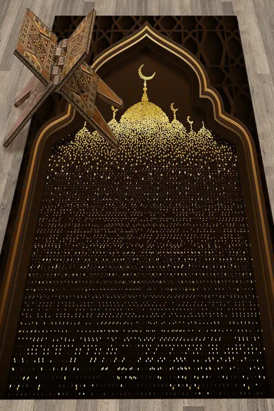 Digitally Printed Mosque Patterned Washable Patterned 70x130 Prayer Rug, Prayer Rug-5-coffee,-BROWN - 5