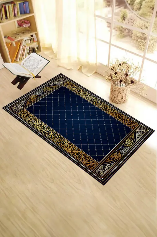Digitally Printed Non-Slip Base Washable Prayer Rug Prayer Mat 70x130 - BLUE - 7