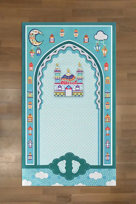 Digitally Printed Non-Slip Base Washable Prayer Rug, SECCADE-90-TURKUAZ,-TURKUAZ - NAPOLI HOME