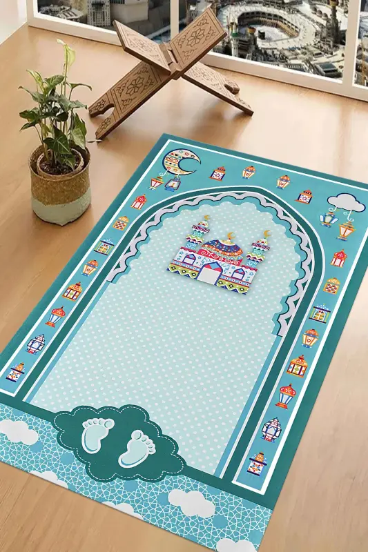 Digitally Printed Non-Slip Base Washable Prayer Rug, SECCADE-90-TURKUAZ,-TURKUAZ - 7