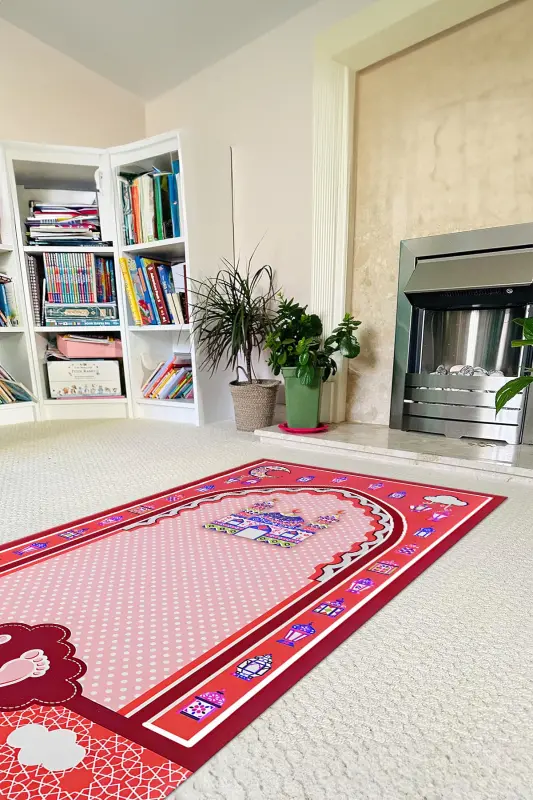 Digitally Printed Non-Slip Washable Educational Prayer Rug for Kids, SECCADE-90-RED,-RED - 4