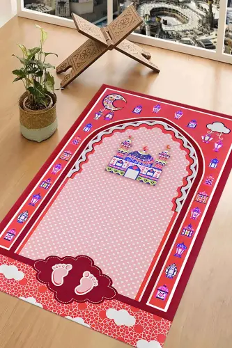 Digitally Printed Non-Slip Washable Educational Prayer Rug for Kids, SECCADE-90-RED,-RED - 7
