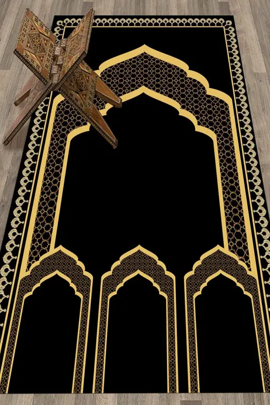 Digitally Printed Pulpit Motif Washable Motif 70x130 Prayer Rug, Prayer Rug-2-black,-BLACK - 5