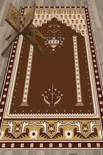 Digitally Printed Washable Classic Motif Prayer Rug 70x130 - BROWN 
