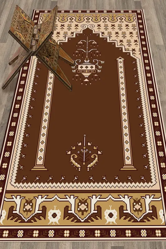 Digitally Printed Washable Classic Motif Prayer Rug 70x130 - BROWN - 1