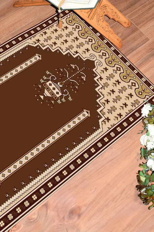 Digitally Printed Washable Classic Motif Prayer Rug 70x130 - BROWN - 3
