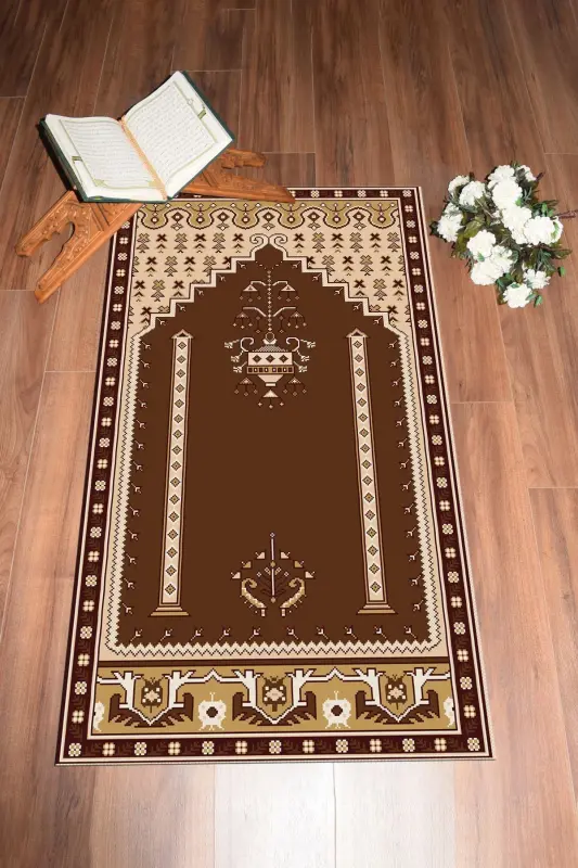 Digitally Printed Washable Classic Motif Prayer Rug 70x130 - BROWN - 4