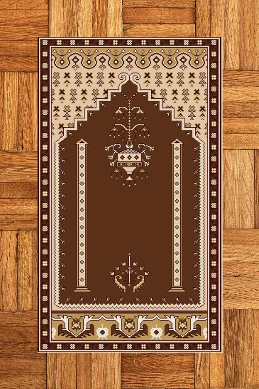 Digitally Printed Washable Classic Motif Prayer Rug 70x130 - BROWN - 5