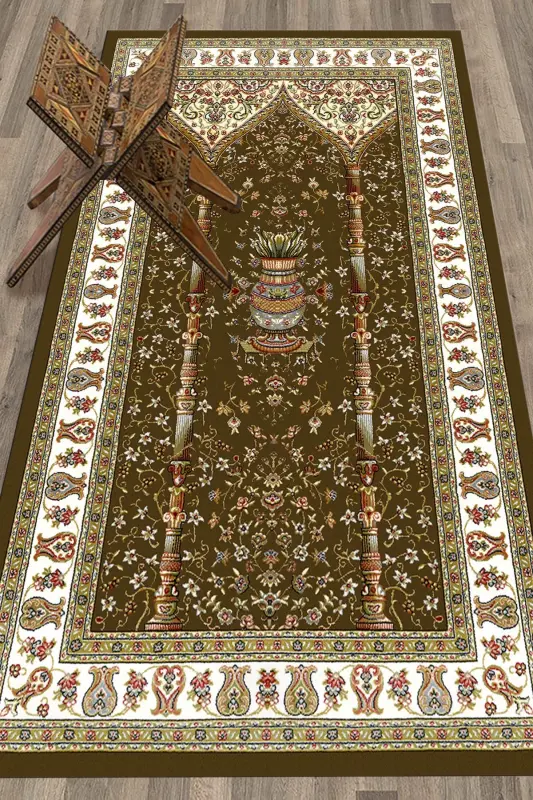 Digitally Printed Washable Classic Pattern Prayer Rug 70x130, SECCADE-30-BROWN,-BROWN - EY HOME