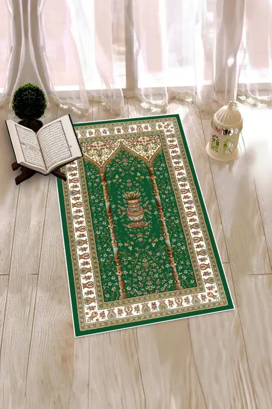 Digitally Printed Washable Classic Pattern Prayer Rug 70x130, SECCADE-30-YEŞİL,-YEŞİL - 8