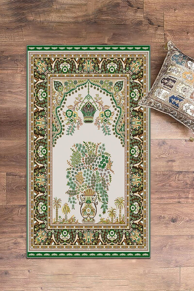 Digitally printed, washable, classic-patterned gift prayer rug 70x130 cm, Prayer-rug-29-green - 7