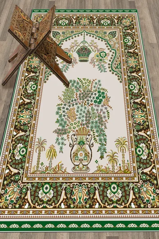 Digitally printed, washable, classic-patterned gift prayer rug 70x130 cm, Prayer-rug-29-green - 2