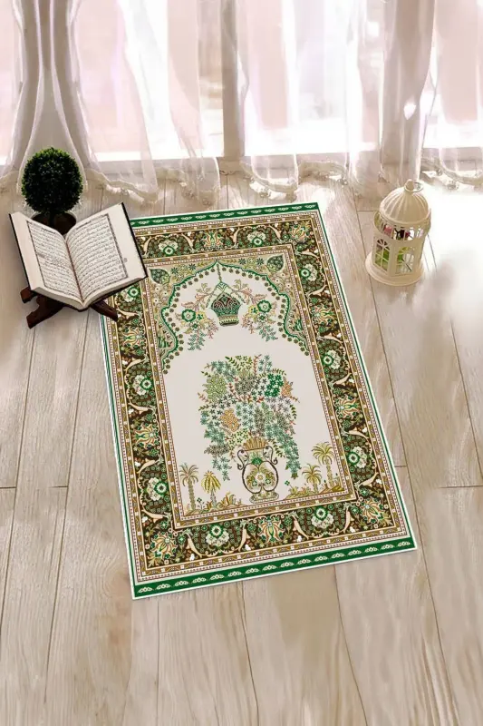 Digitally printed, washable, classic-patterned gift prayer rug 70x130 cm, Prayer-rug-29-green - 9