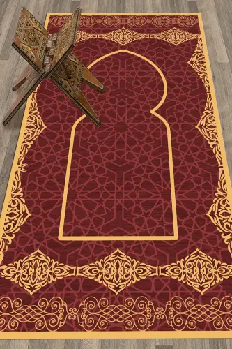 Digitally Printed Washable Elegant Motif Prayer Rug 70x130 Cm, Prayer Rug-16-red,-RED - 3