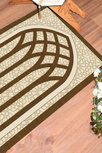 Digitally Printed Washable Elegant Motif Prayer Rug Prayer Rug 70x130 cm. , SECCADE-19-BROWN,-BROWN - 4