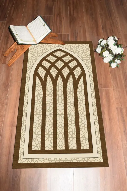 Digitally Printed Washable Elegant Motif Prayer Rug Prayer Rug 70x130 cm. , SECCADE-19-BROWN,-BROWN - 5