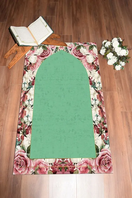 Digitally Printed Washable Floral Gift Prayer Rug 70x130cm, Prayer Rug-24-green,-GREEN - 4