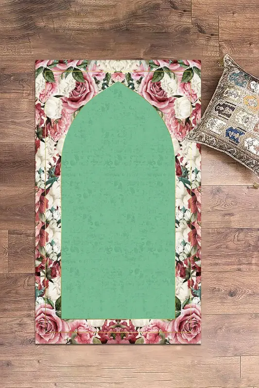 Digitally Printed Washable Floral Gift Prayer Rug 70x130cm, Prayer Rug-24-green,-GREEN - 8