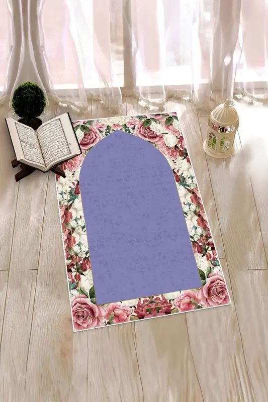 Digitally Printed Washable Floral Gift Prayer Rug 70x130cm, Prayer Rug-24-purple,-PURPLE - EY HOME