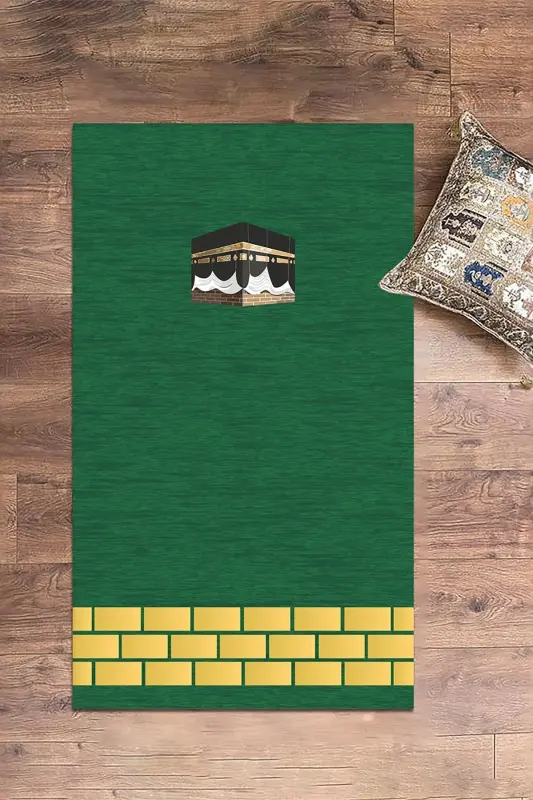Digitally Printed Washable Kaaba Motif Gift Prayer Rug Prayer Mat 70x130 - GREEN - 5