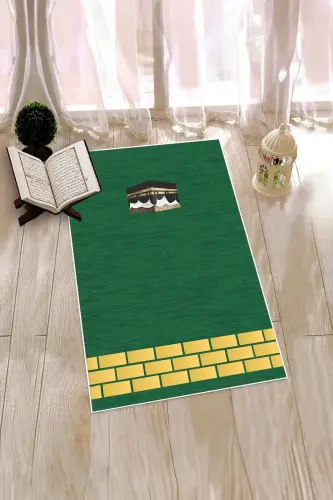 Digitally Printed Washable Kaaba Motif Gift Prayer Rug Prayer Mat 70x130 - GREEN - 6