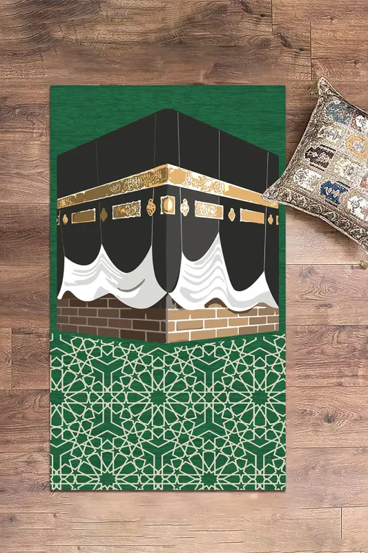 Digitally Printed Washable Kaaba Motif Gift Prayer Rug Prayer Mat 70x130cm - GREEN - 4