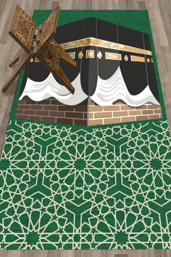 Digitally Printed Washable Kaaba Motif Gift Prayer Rug Prayer Mat 70x130cm - GREEN - 5