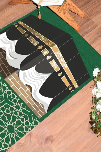 Digitally Printed Washable Kaaba Motif Gift Prayer Rug Prayer Mat 70x130cm - GREEN - 6