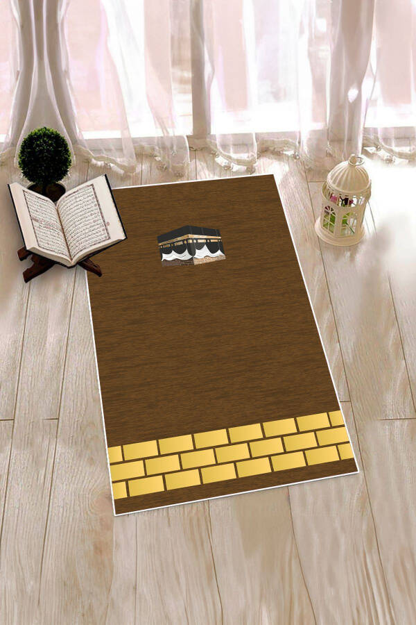 Digitally Printed Washable Kaaba Motif Prayer Rug Mat 70x130, Prayer Mat-45-coffee - 14