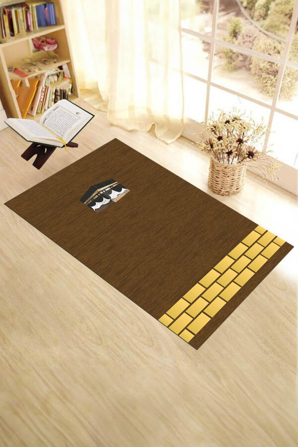 Digitally Printed Washable Kaaba Motif Prayer Rug Mat 70x130, Prayer Mat-45-coffee - 2