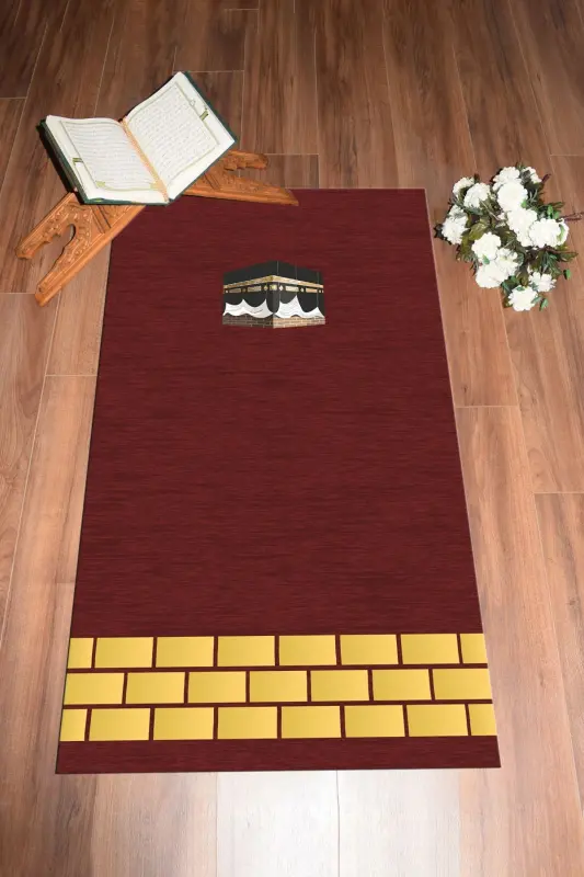 Digitally Printed Washable Kaaba Motifs Gift Prayer Rug Prayer Carpet 70x130 - RED - 9