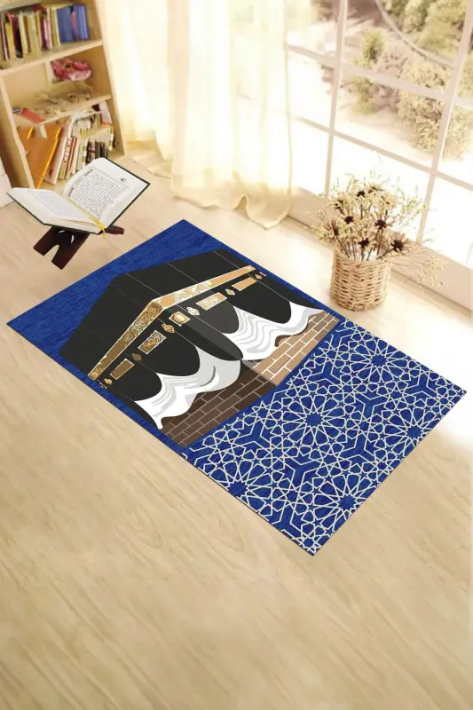 Digitally Printed Washable Kaaba Motifs Gift Prayer Rug Prayer Carpet 70x130cm - BLUE - 3