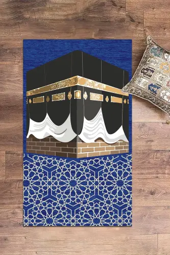 Digitally Printed Washable Kaaba Motifs Gift Prayer Rug Prayer Carpet 70x130cm - BLUE - 5