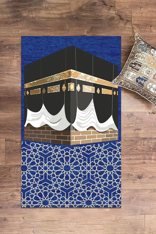 Digitally Printed Washable Kaaba Motifs Gift Prayer Rug Prayer Carpet 70x130cm - BLUE - 5