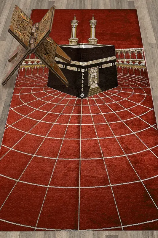 Digitally Printed Washable Kaaba Patterned Elegant Prayer Rug Prayer Mat 70x130, Prayer Rug-48-red,-RED - 6