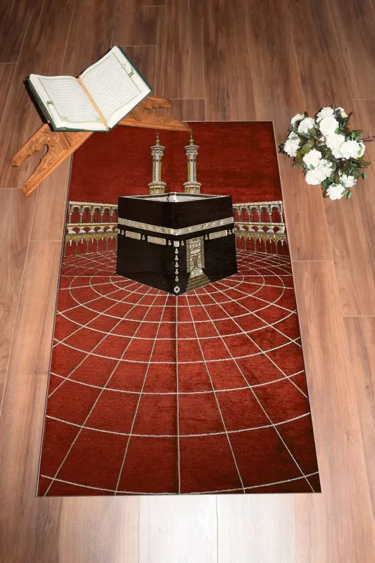 Digitally Printed Washable Kaaba Patterned Elegant Prayer Rug Prayer Mat 70x130, Prayer Rug-48-red,-RED - 8