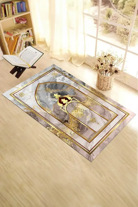 Digitally Printed Washable Marble Pattern Gift Prayer Rug Prayer Mat 70x130 - GOLD - 5