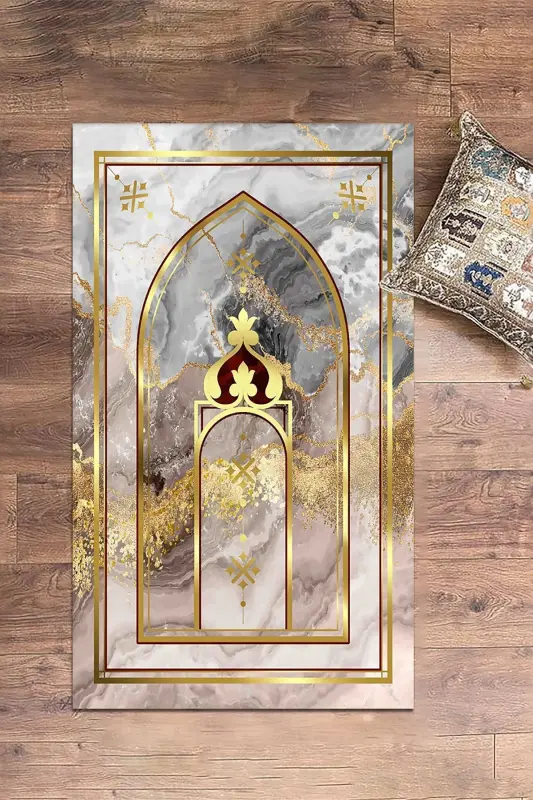 Digitally Printed Washable Marble Pattern Gift Prayer Rug Prayer Mat 70x130 - GOLD - 7
