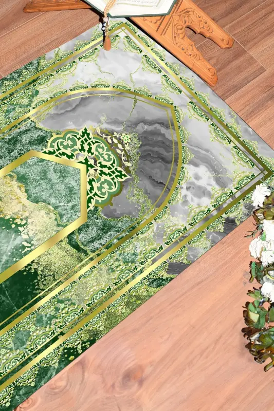 Digitally Printed Washable Marble Pattern Prayer Rug 70x130 - GREEN - 1