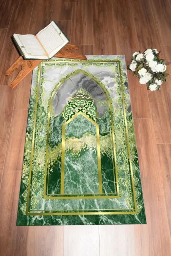 Digitally Printed Washable Marble Pattern Prayer Rug 70x130 - GREEN - 3
