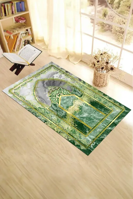 Digitally Printed Washable Marble Pattern Prayer Rug 70x130 - GREEN - 5
