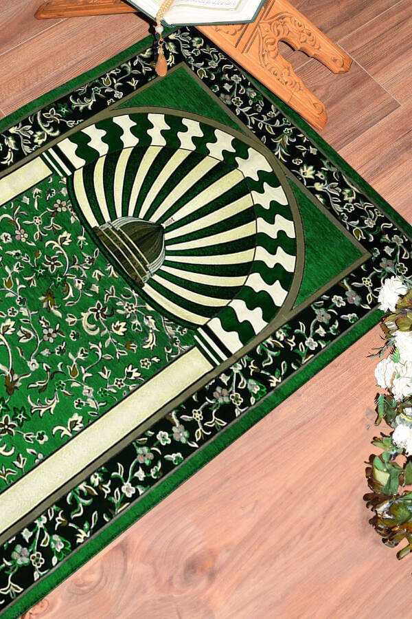 Digitally Printed Washable Mosque Pattern Souvenir Prayer Rug 70x130cm, Prayer Rug-34-green - 1