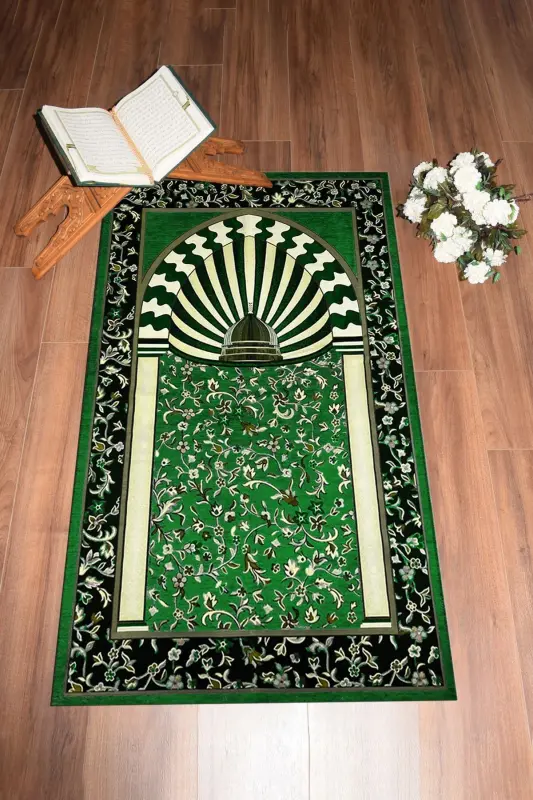 Digitally Printed Washable Mosque Pattern Souvenir Prayer Rug 70x130cm, Prayer Rug-34-green - 3