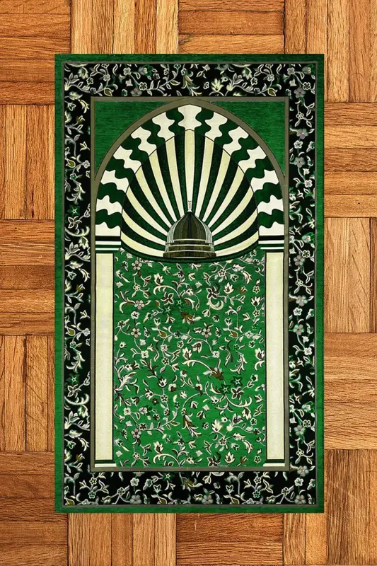 Digitally Printed Washable Mosque Pattern Souvenir Prayer Rug 70x130cm, Prayer Rug-34-green - 4